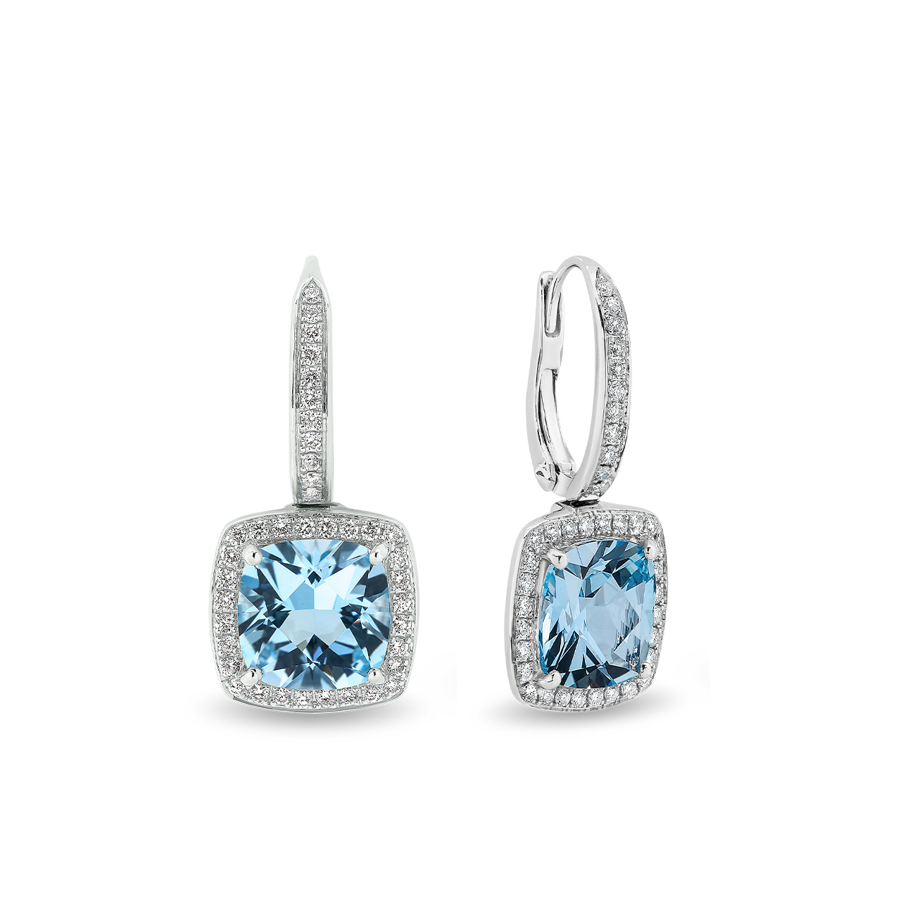Tycoon Cushion Blue Topaz & Diamond Halo Drop Earrings In 18K White Gold