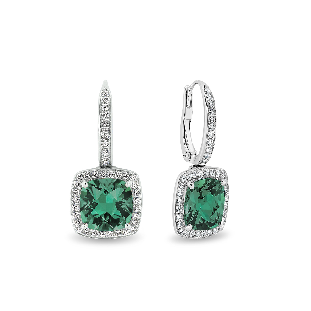 Tycoon Cushion Green Turquoise &#038; Diamond Halo Drop Earrings in 18k White Gold