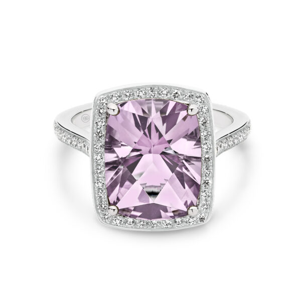 Tycoon 8 Pink Amethyst and Diamond Cocktail Ring in 18K White Gold with pave-set halo and band