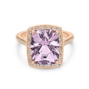 Cushion Cut Amethyst and Diamond Cocktail Ring in 18K Rose Gold with pave diamond halo and band