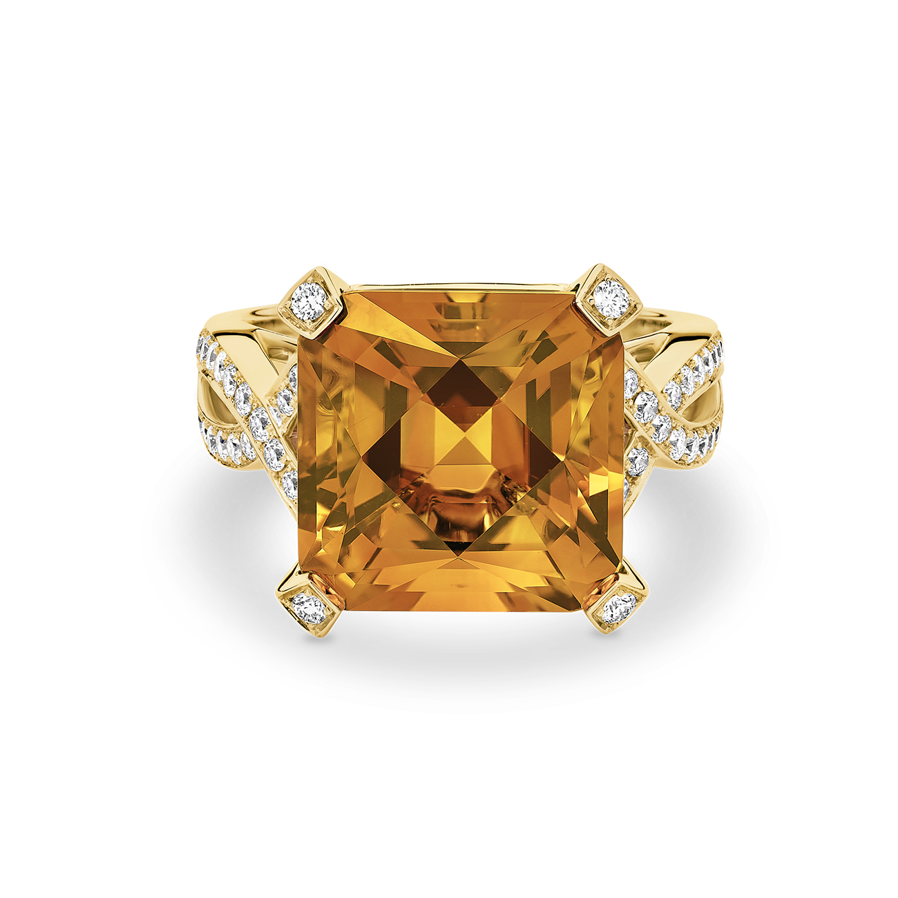 Citrine &#038; Diamond Cocktail Ring In 18K Yellow Gold