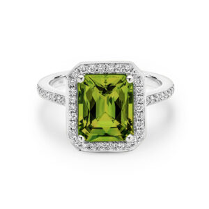 Tycoon 8 Peridot and Diamond Cocktail Ring in 18K White Gold with pave halo and band