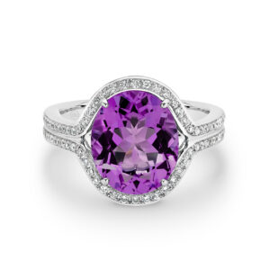 Amethyst and Diamond Cocktail Ring in 18K White Gold with pave-set diamonds and brilliant purple centerpiece
