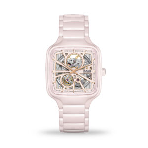 Rado True Square Open Heart watch in rose high-tech ceramic with skeleton dial and ceramic bracelet – model R27123012