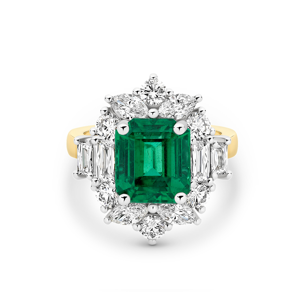 Zambian Emerald &#038; Diamond Cluster Cocktail Ring in 18K White &#038; Yellow Gold