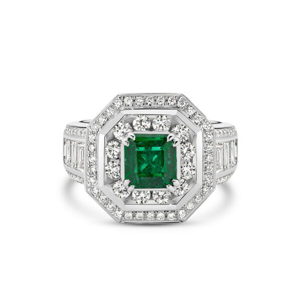 Square green emerald and diamond double halo cocktail ring in 18K white and yellow gold