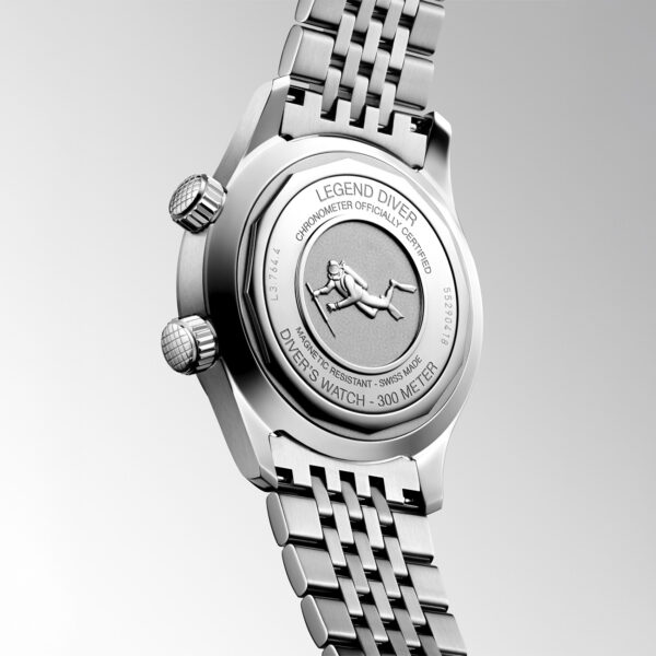 Longines Legend Diver 39mm watch with white matt dial and stainless steel bracelet
