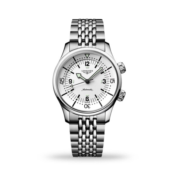 Longines Legend Diver 39mm watch with white matt dial and stainless steel bracelet