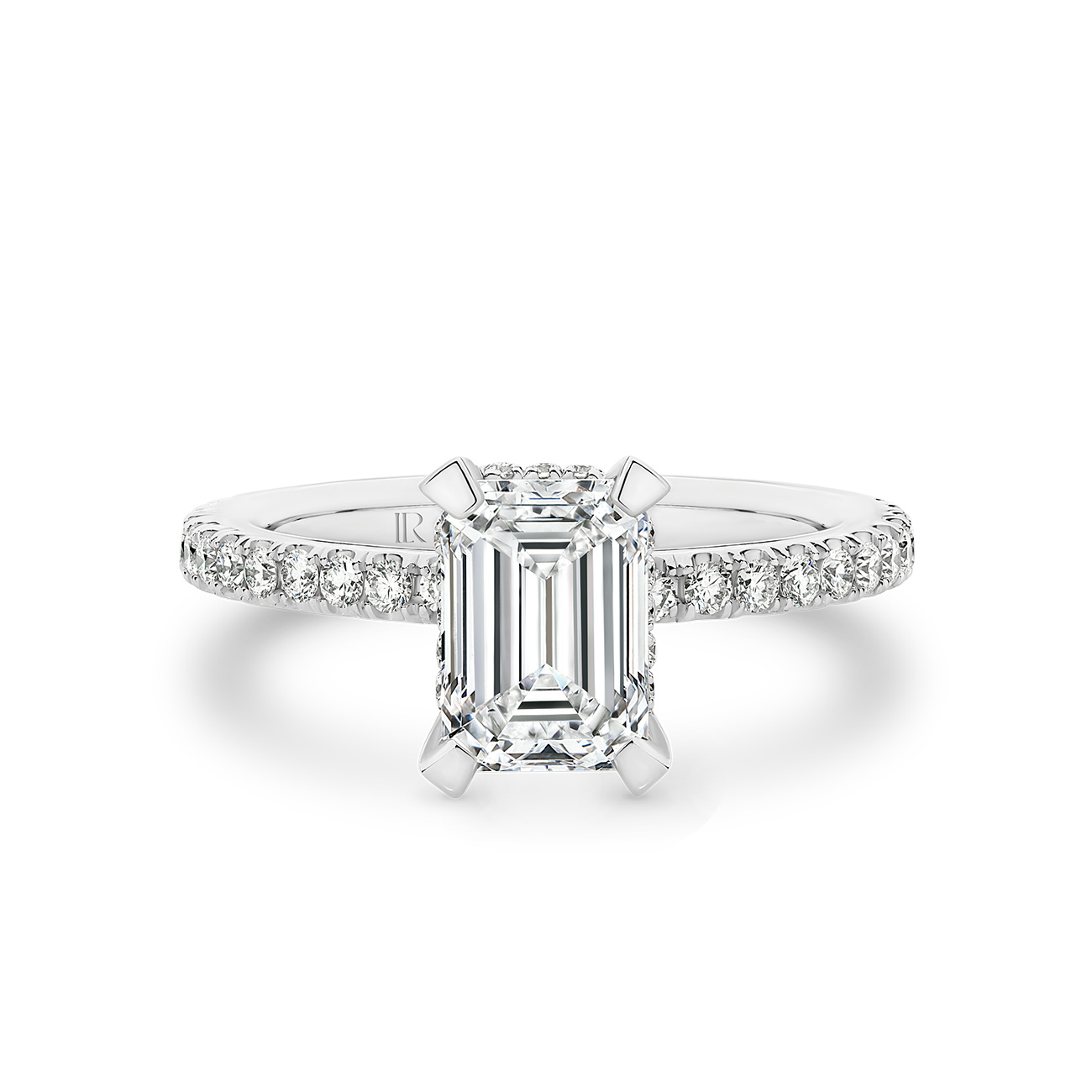 Destiny Emerald Cut Lab Diamond Hidden Halo Engagement Ring In 18K White Gold