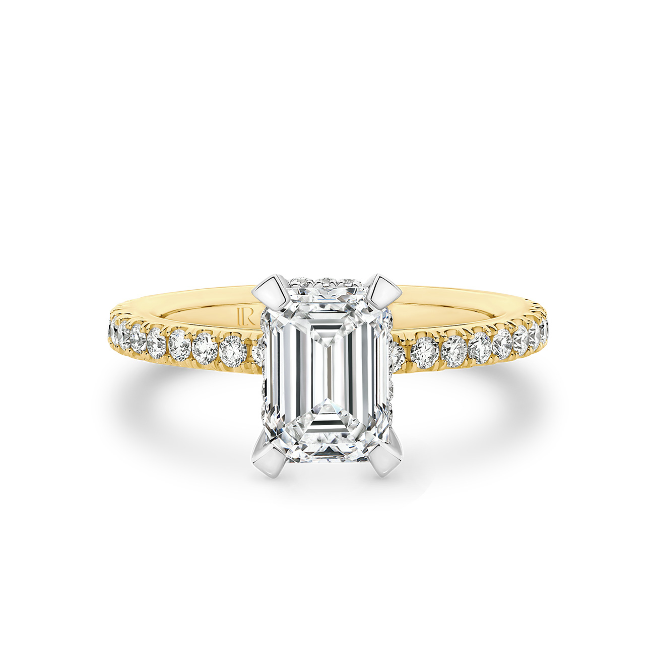 Destiny Emerald Cut Lab Diamond Hidden Halo Engagement Ring In 18K Yellow Gold