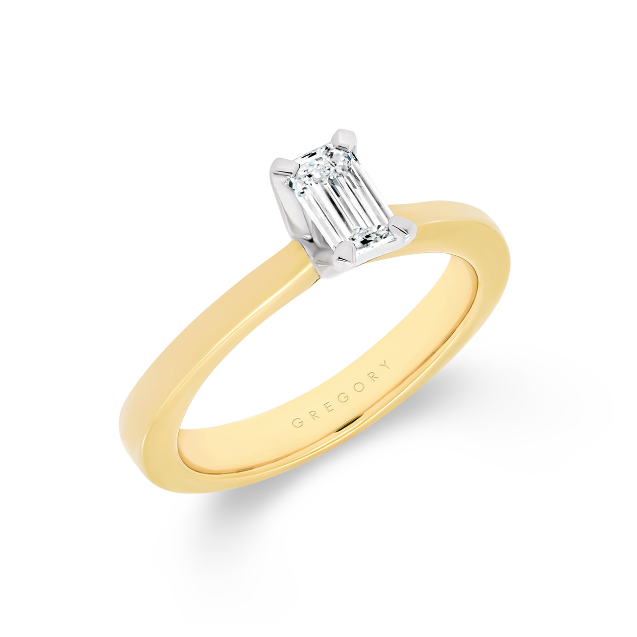 Emerald Cut Solitaire Diamond Engagement Ring In 18K White &#038; Yellow Gold
