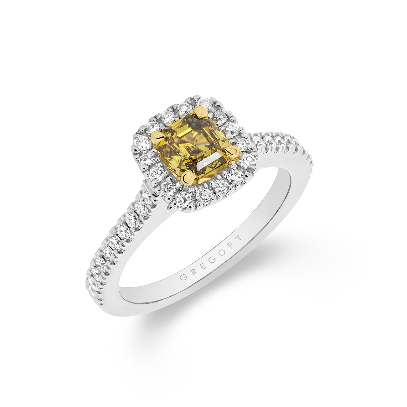 Square Emerald Fancy Coloured Diamond Halo Engagement Ring