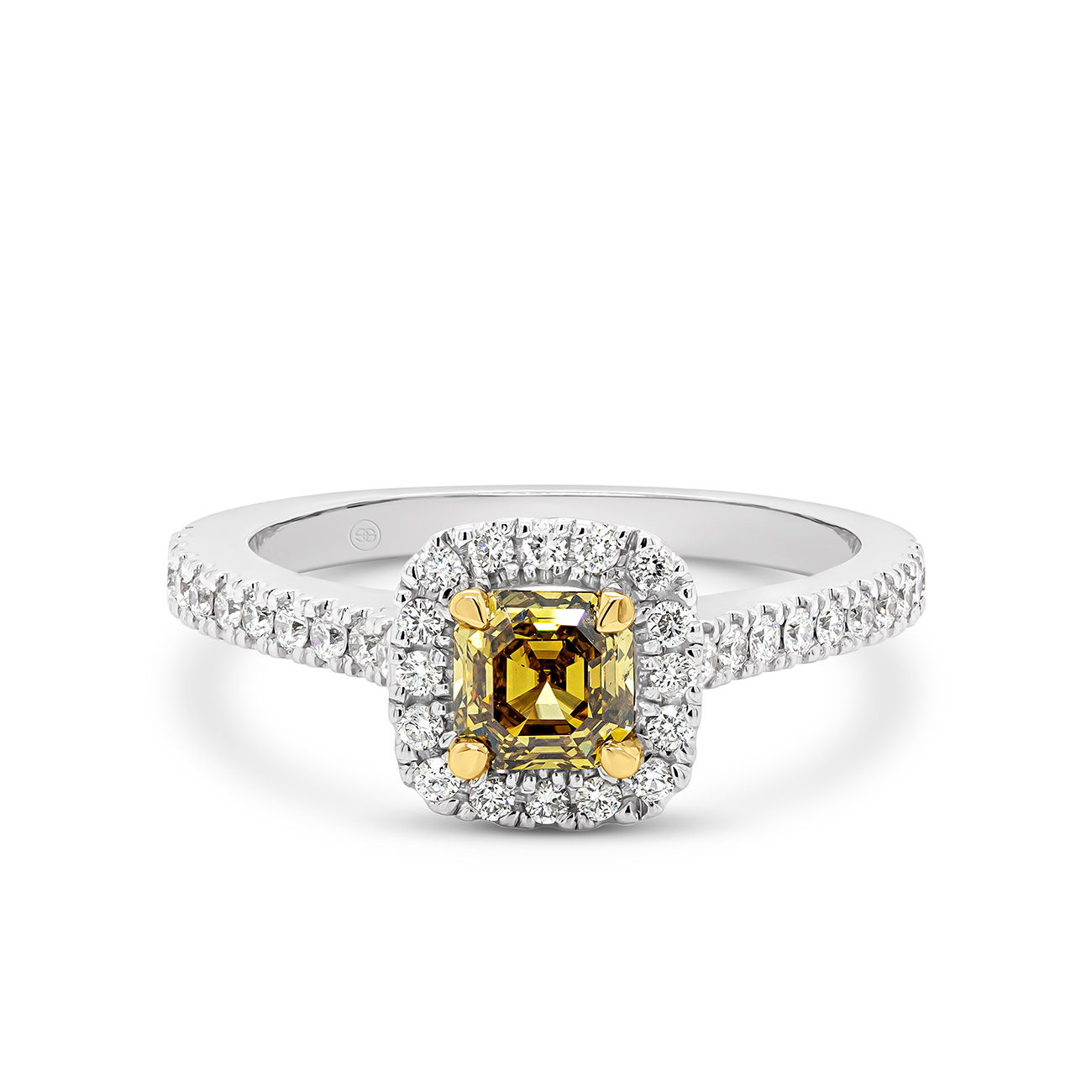 Square Emerald Fancy Coloured Diamond Halo Engagement Ring