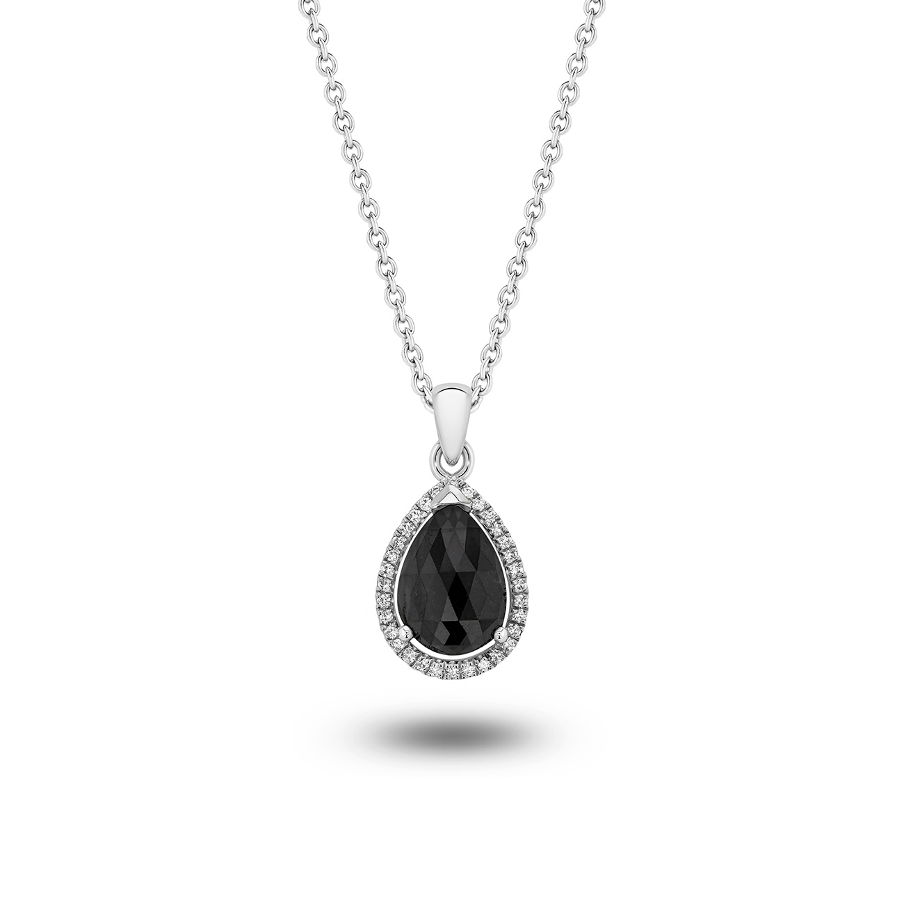 Black &#038; White Diamond Pear Shape Halo Pendant