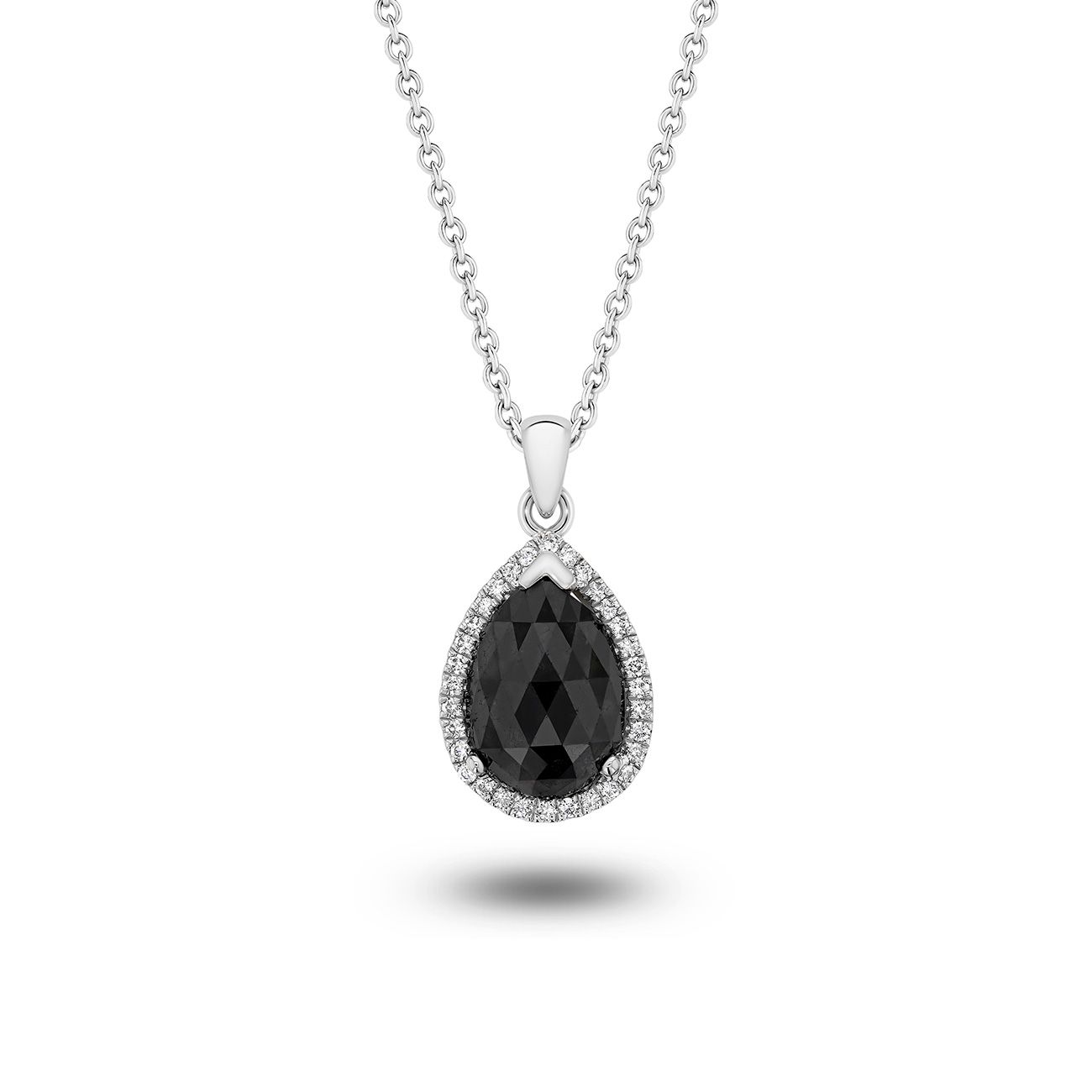 Black &#038; White Diamond Pear Shape Halo Pendant