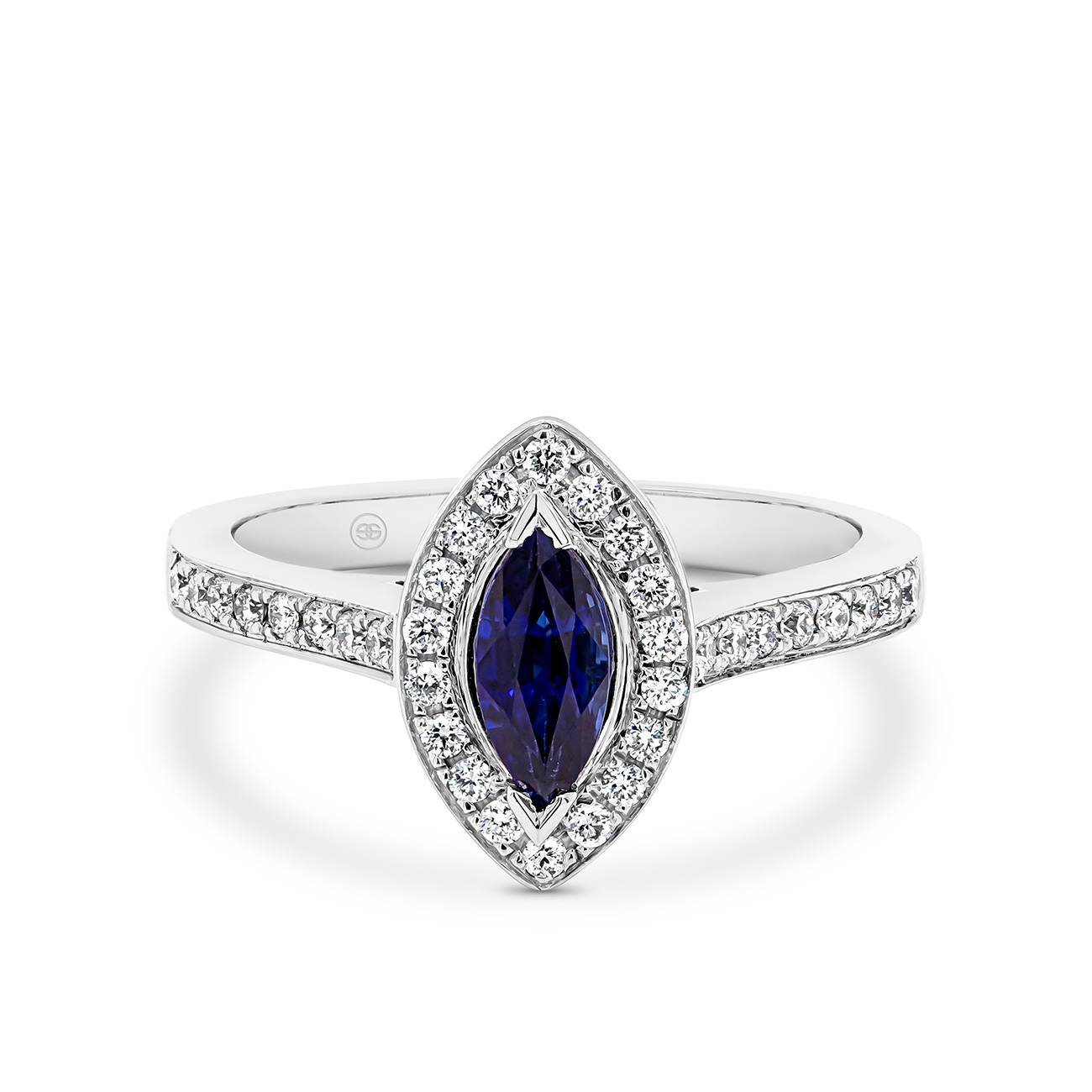 Marquise Blue Sapphire &#038; Diamond Halo Ring in 18K White Gold