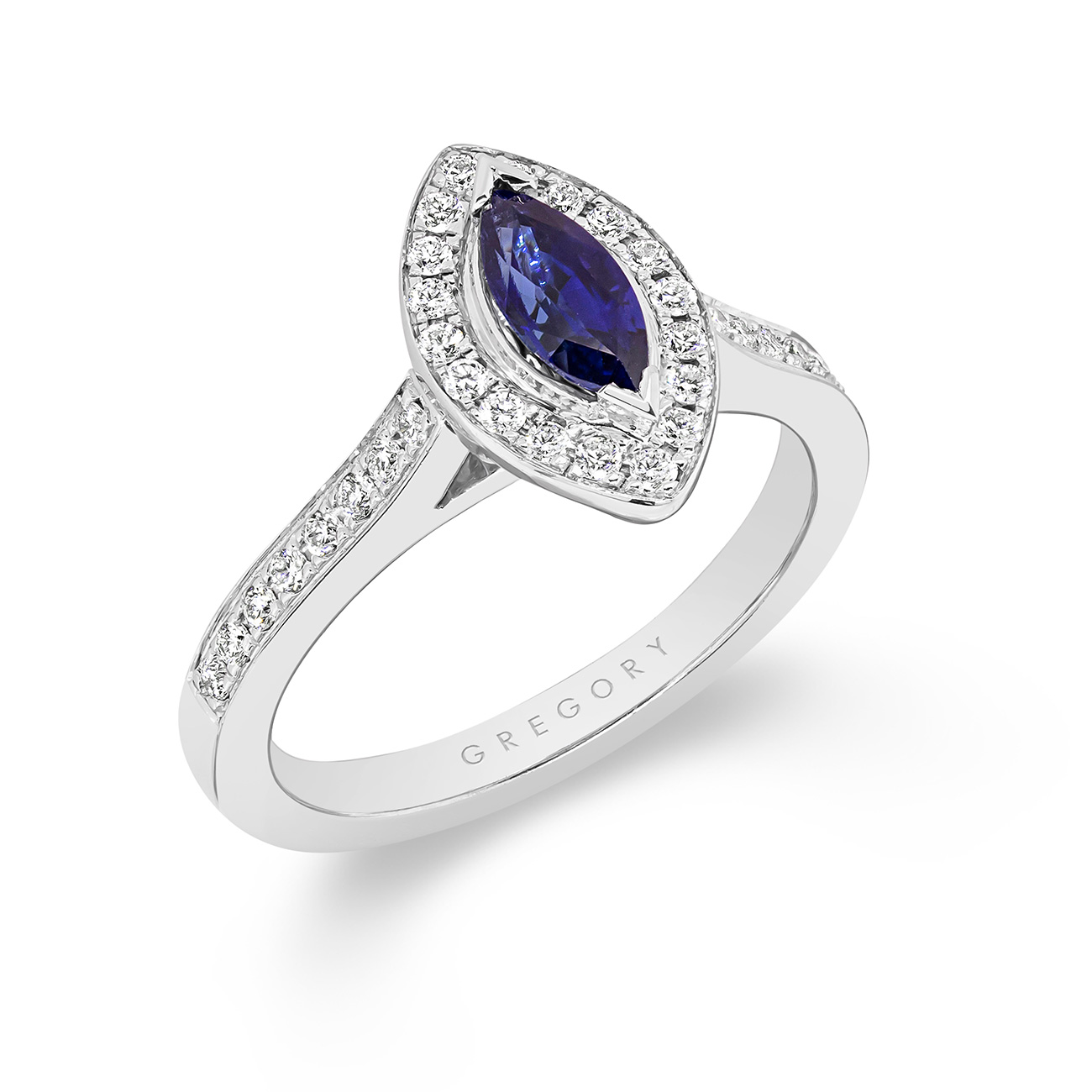 Marquise Blue Sapphire &#038; Diamond Halo Ring in 18K White Gold