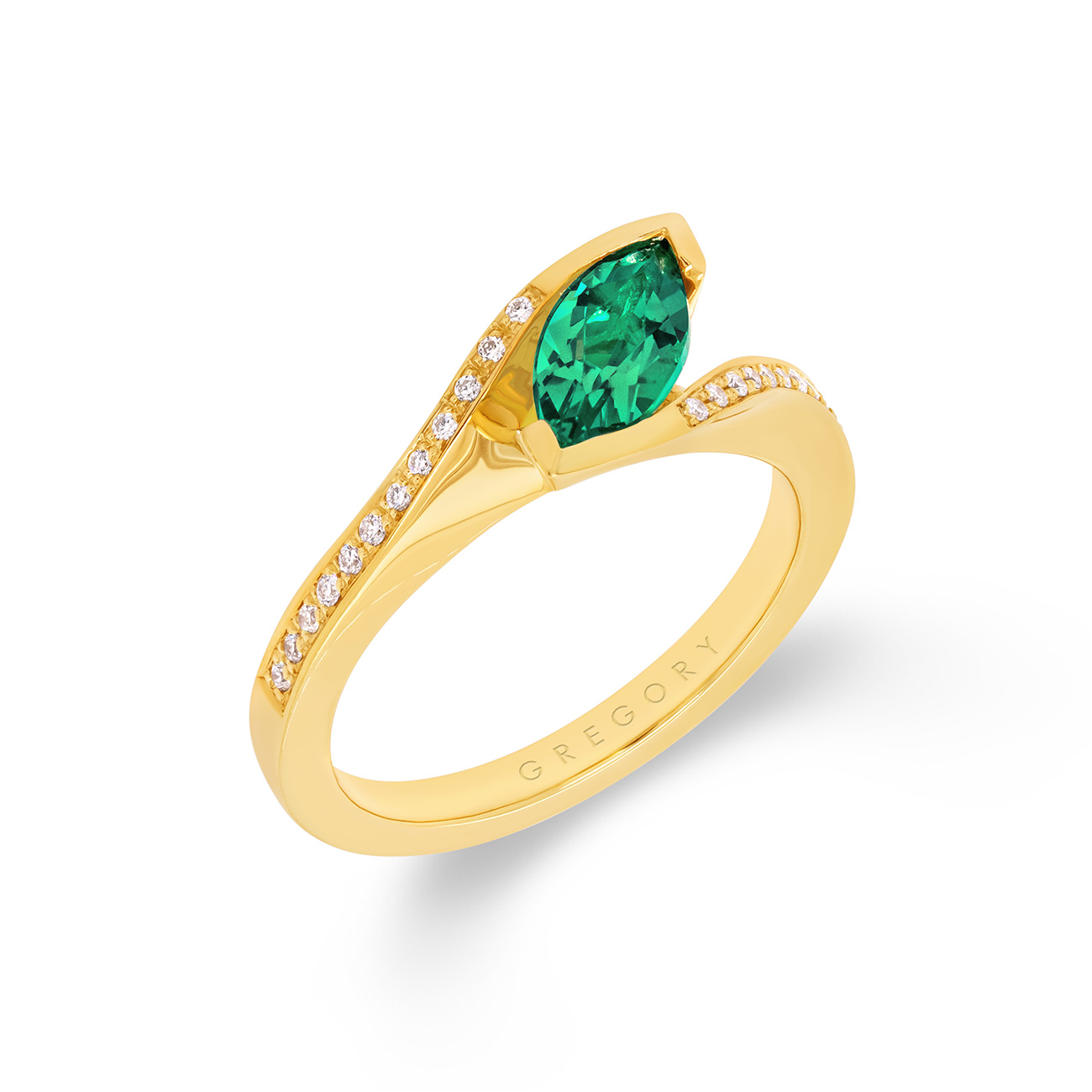 Marquise Lab Emerald &#038; Diamond Ring in 18K Yellow Gold