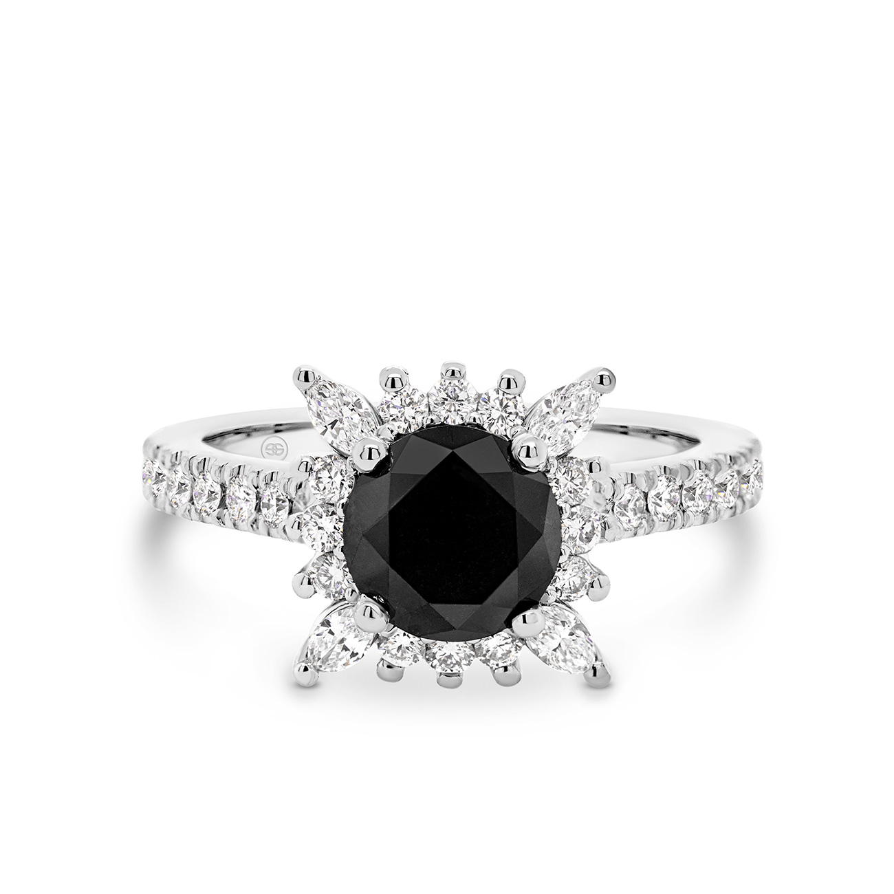 Black &#038; White Diamond Halo Ring in 18K White Gold