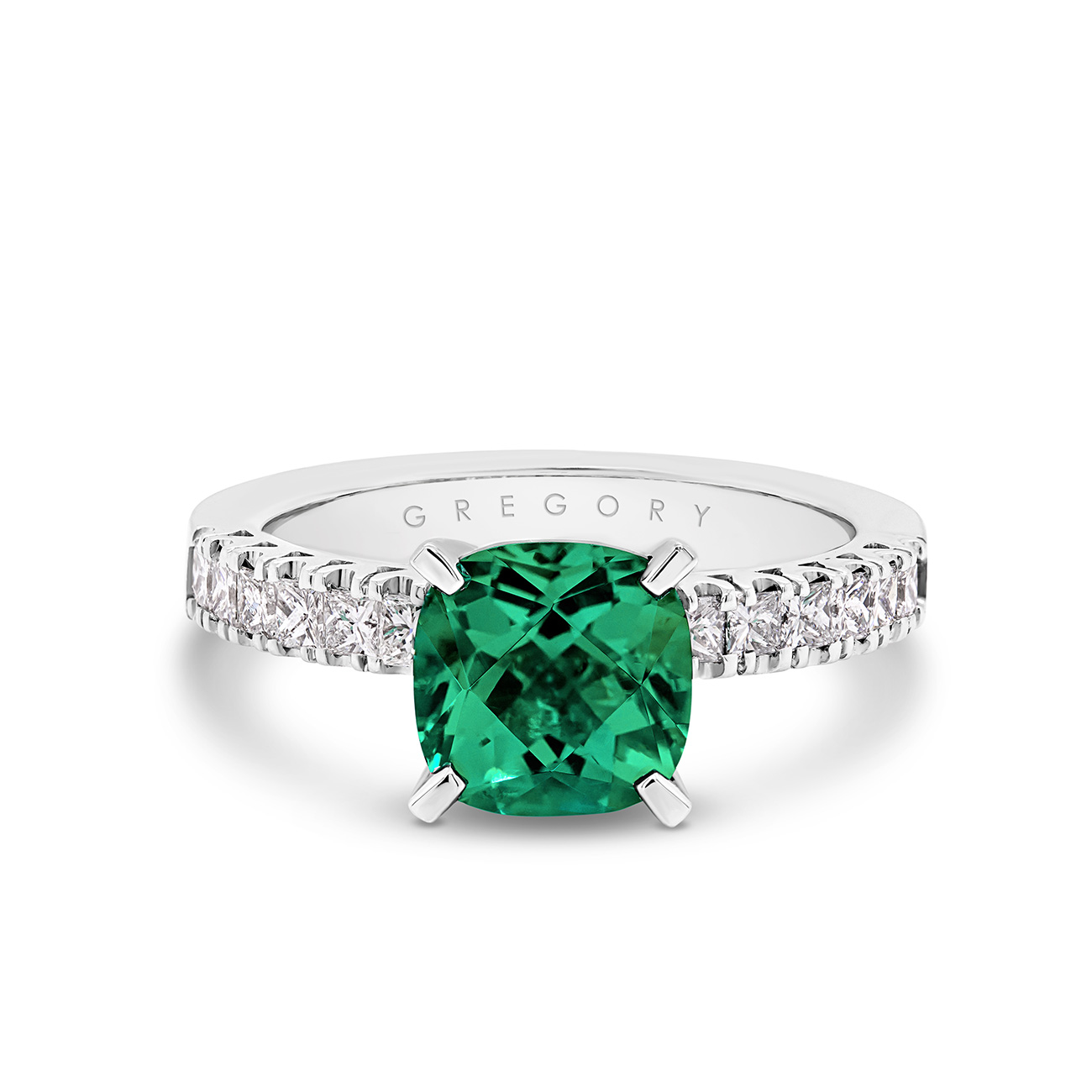 Tycoon Cushion Square Lab Emerald &#038; Diamond Ring in 18K White Gold