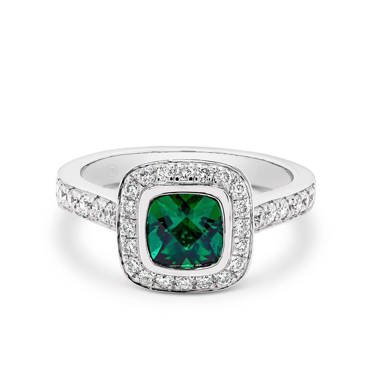 Tycoon Cushion Square Lab Emerald &#038; Diamond Halo Ring in 18K White Gold