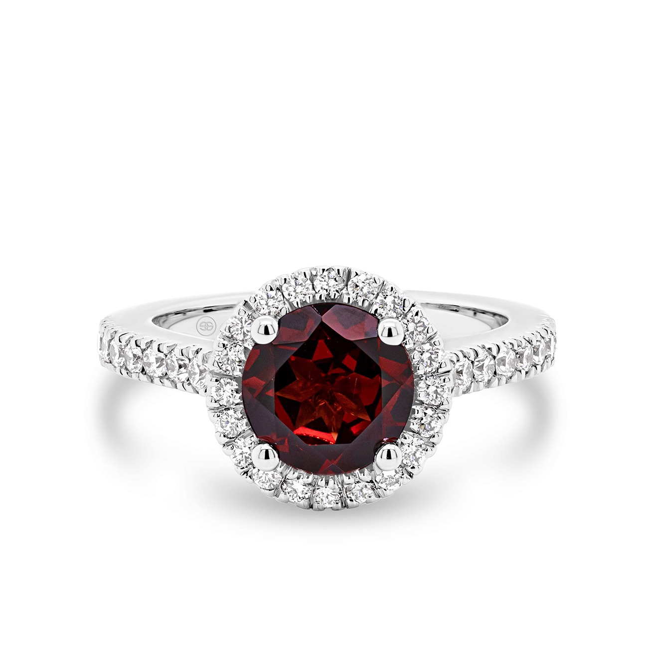 Round Garnet &#038; Diamond Halo Ring in 18K White Gold