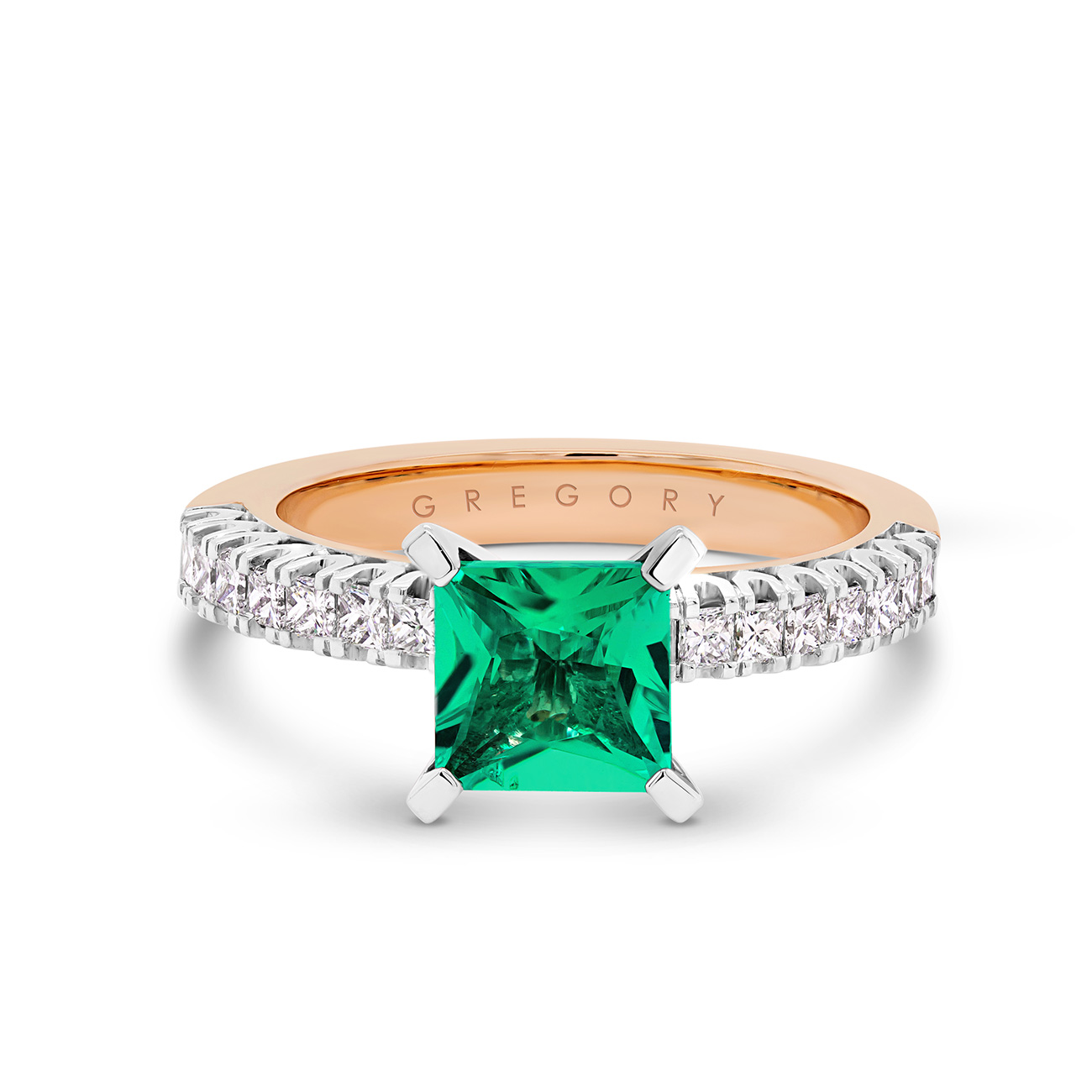 Princess Cut Lab Emerald &#038; Diamond Ring in 18K White &#038; Rose Gold