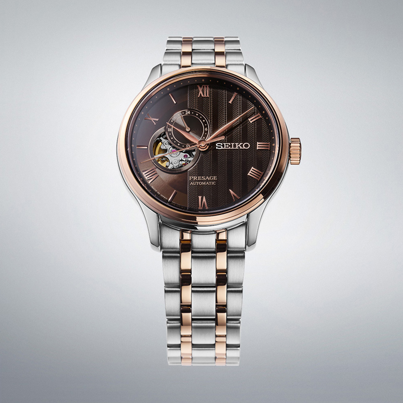 Seiko-Presage-Japanese-Garden-SSA466J-41mm-Black-Dial-Two-Tone-Front Seiko Presage Japanese Garden SSA466J with black textured dial, two-tone steel & yellow-gold bracelet