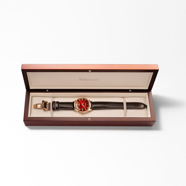 Seiko Presage Cocktail Time 'The Conte' Limited Edition SRPL96J with red textured dial, rose-gold toned case and brown leather strap - box