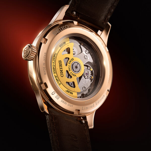 Seiko Presage Cocktail Time 'The Conte' Limited Edition SRPL96J with red textured dial, rose-gold toned case and brown leather strap - caseback