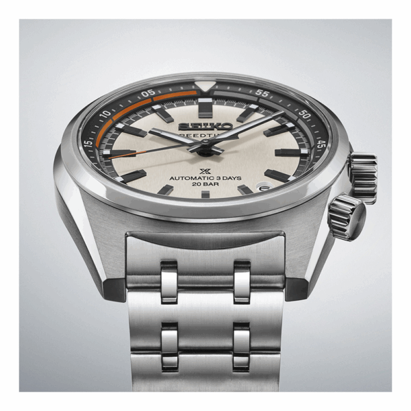 Seiko Prospex Speedtimer Automatic SPB513J with cream dial and orange accents and bracelet - profile