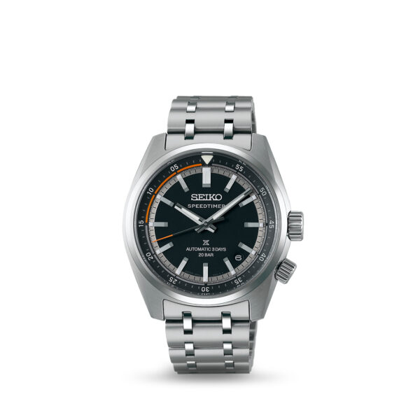 Seiko Prospex Speedtimer Automatic SPB515J with black dial, orange accents and bracelet