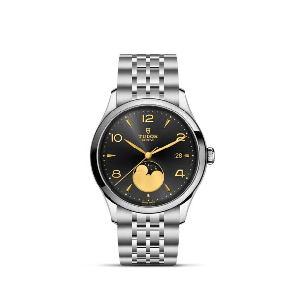 TUDOR 1926 Luna m91560-0003 luxury moon phase watch with black sun-brushed dial and polished steel bracelet