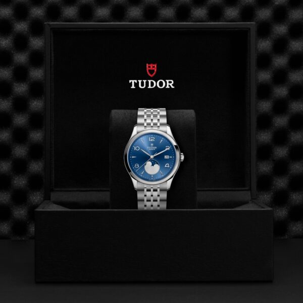 TUDOR 1926 Luna m91560-0002 luxury moon phase watch with blue sun-brushed dial and polished steel bracelet