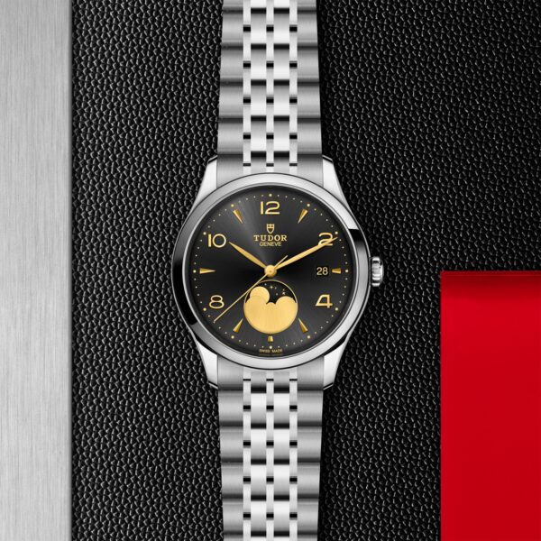 TUDOR 1926 Luna m91560-0003 luxury moon phase watch with black sun-brushed dial and polished steel bracelet