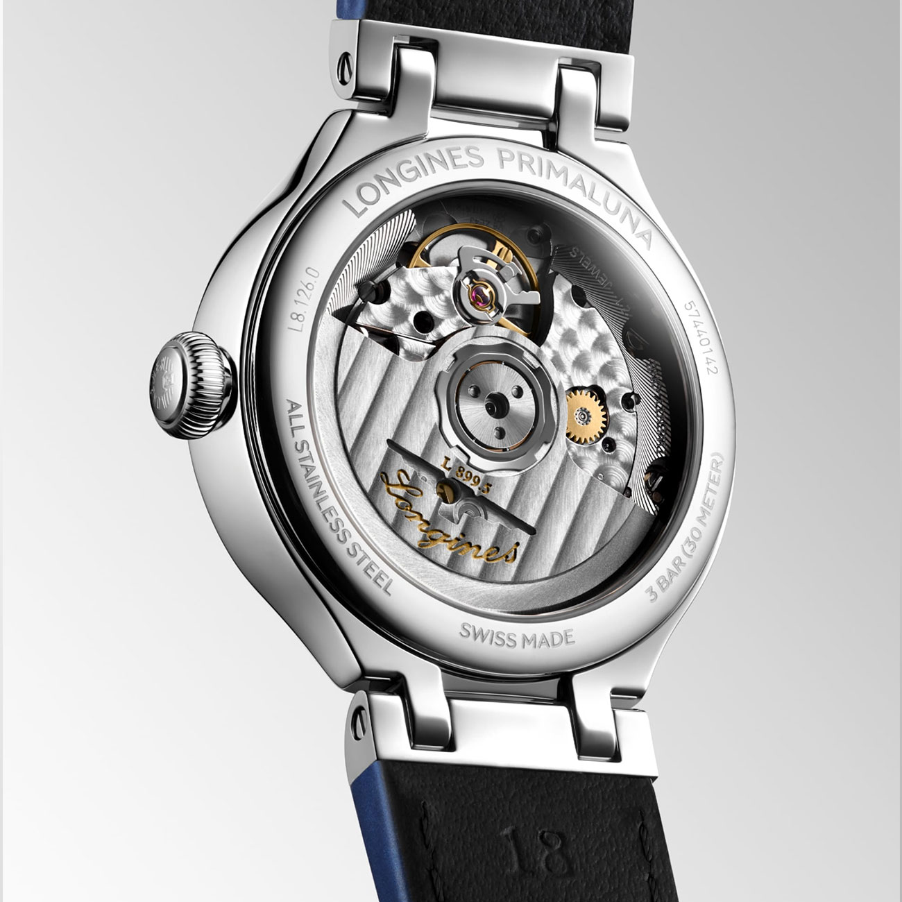 watch-collection-longines-primaluna-moonphase-l81260972-caseback Longines Primaluna Moonphase 34mm L81260972 with diamond indices, blue sapphire bezel, blue mop dial & blue alligator leather strap, case back