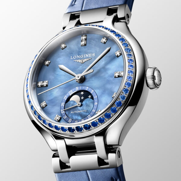 Longines Primaluna Moonphase 34mm L81260972 with diamond indices, blue sapphire bezel, blue mop dial & blue alligator leather strap