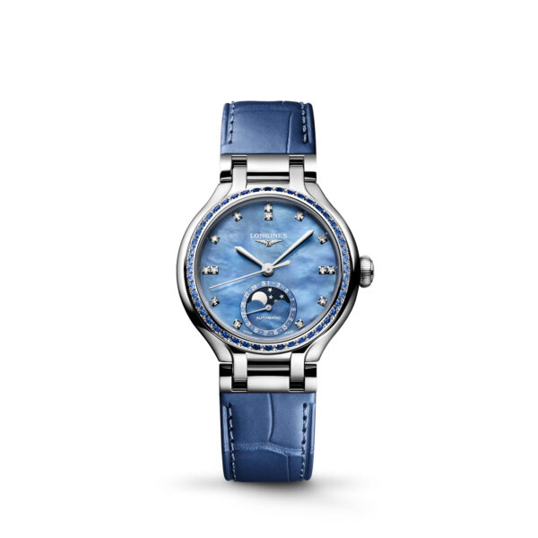 Longines Primaluna Moonphase 34mm L81260972 with diamond indices, blue sapphire bezel, blue mop dial & blue alligator leather strap