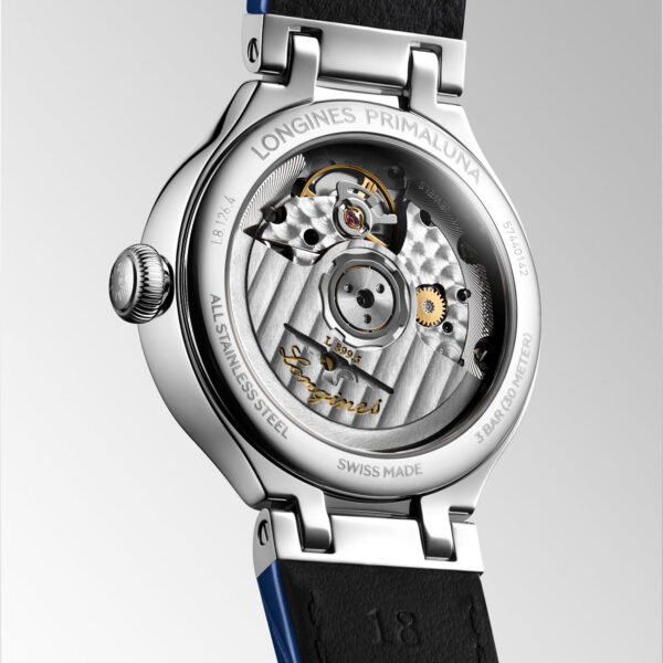 Longines Primaluna Moonphase 34mm L81264712 with ivory opaline dial, blue Roman numerals and blue alligator leather strap - case back