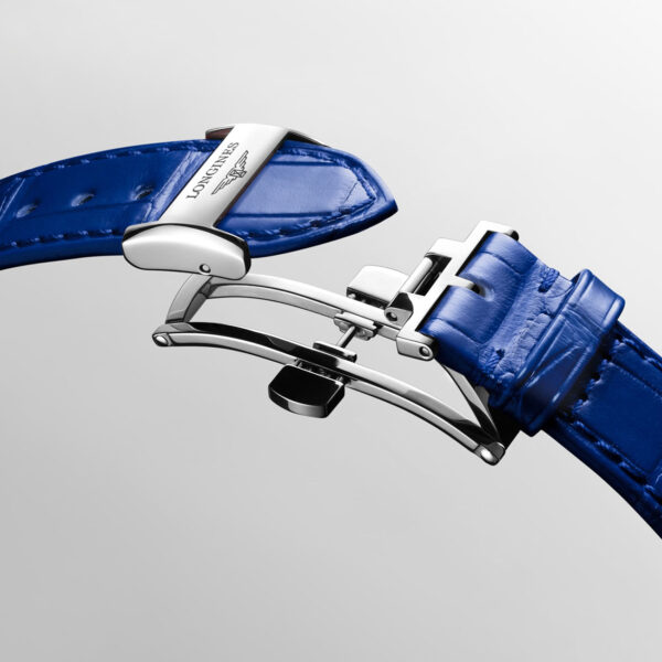 Longines Primaluna Moonphase 34mm L81264712 with ivory opaline dial, blue Roman numerals and blue alligator leather strap - clasp