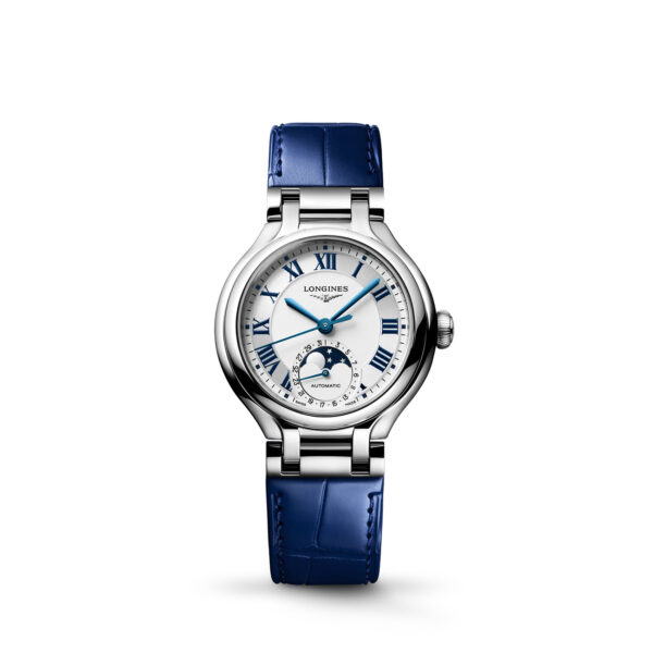 Longines Primaluna Moonphase 34mm L81264712 with ivory opaline dial, blue Roman numerals and blue alligator leather strap
