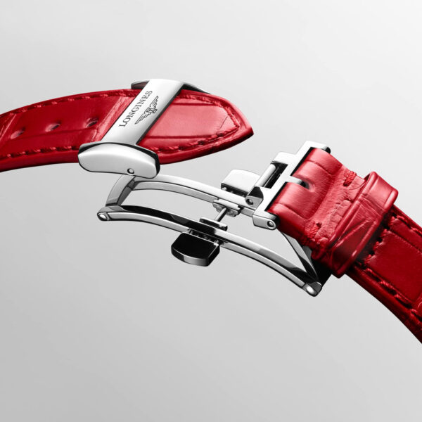 Longines Primaluna Moonphase 34mm with white MOP dial, diamond indicies and red alligator leather strap - clasp