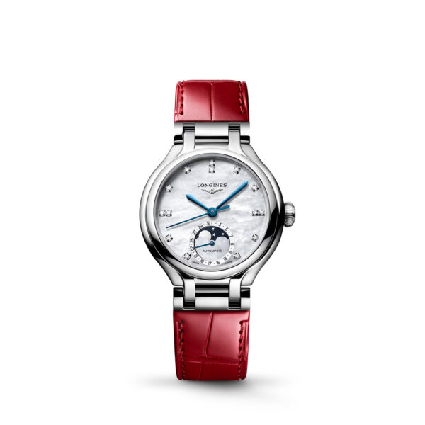 Longines Primaluna Moonphase 34mm with white MOP dial, diamond indicies and red alligator leather strap