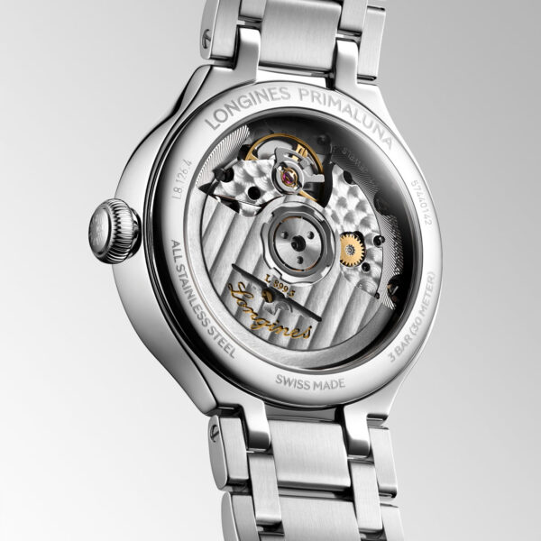 Longines Primaluna Moonphase 34mm L81264876 with white mother-of-pearl dial, 14 diamond indices, moonphase complication and steel bracelet - case back