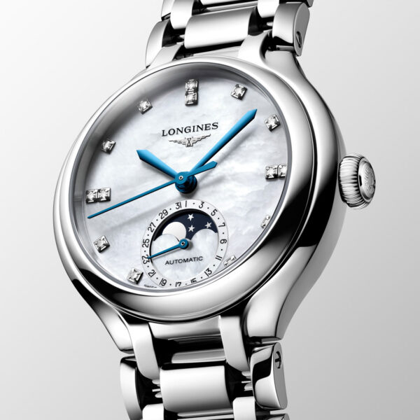 Longines Primaluna Moonphase 34mm L81264876 with white mother-of-pearl dial, 14 diamond indices, moonphase complication and steel bracelet - dial