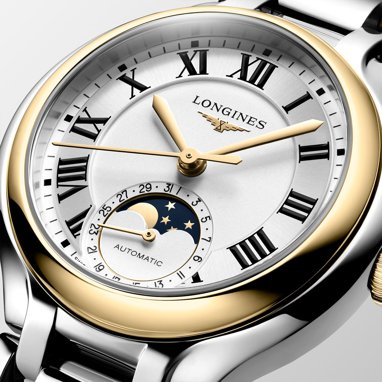 watch-collection-longines-primaluna-moonphase-l81265797-dialclose Longines Primaluna Moonphase 34mm L81265797 with ivory opaline dial, two-tone case & bracelet - close up dial