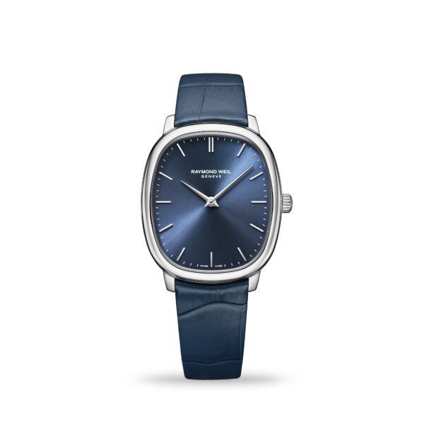 Raymond Weil Toccata Heritage 2280-STC-50001 with sunrayed blue dial and dark blue leather strap