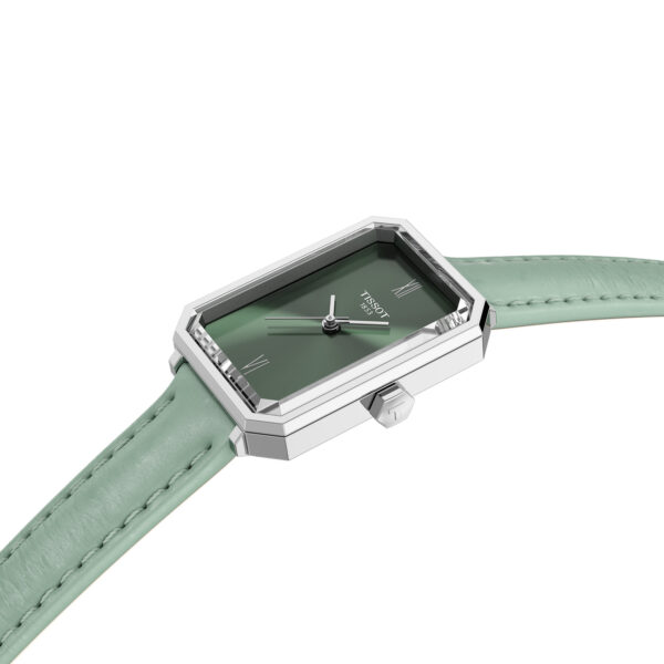 Tissot SRV 30mm women’s watch with green dial, green leather strap, and stainless steel case