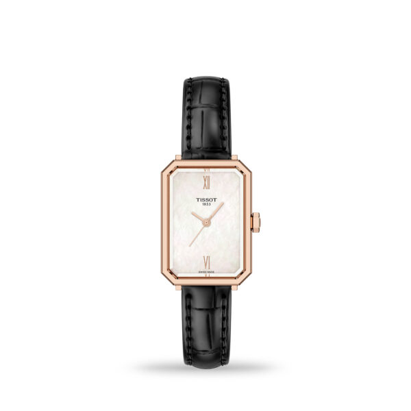 Tissot SRV 30mm women’s watch with rectangular carnation gold case, mother-of-pearl dial, and black leather strap