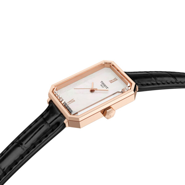 Tissot SRV 30mm women’s watch with rectangular carnation gold case, mother-of-pearl dial, and black leather strap